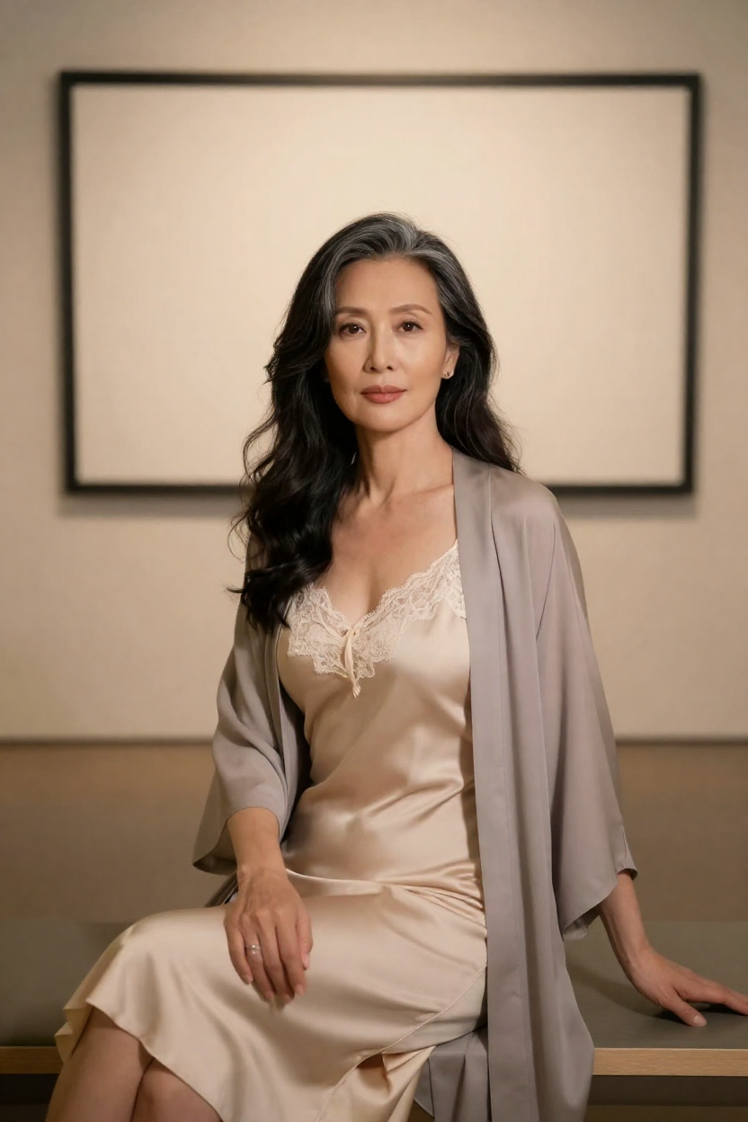 Fictional 47-year-old woman, black hair with silver strands in long loose waves over one shoulder, fair