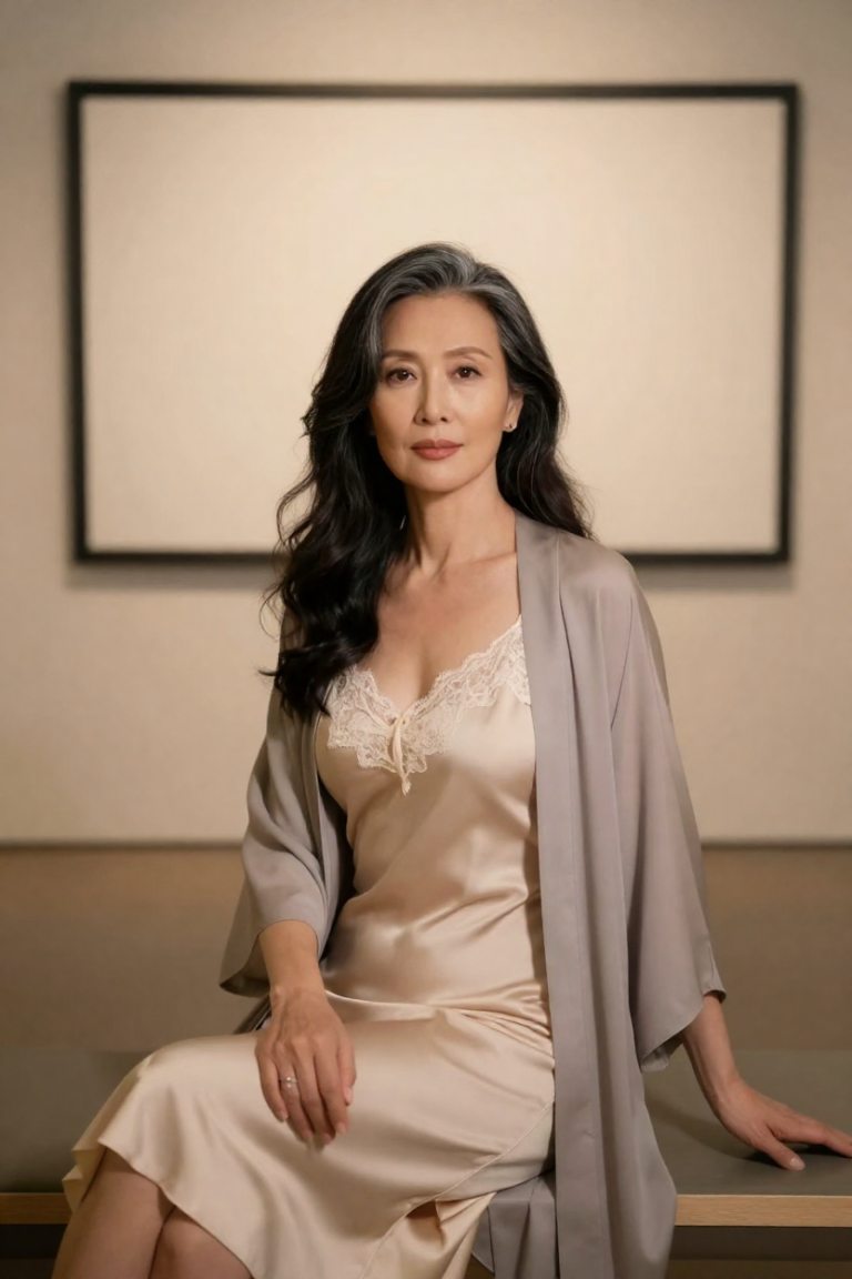 FuliJiYa muse in a champagne silk slip with ivory lace and sheer slate robe before a blank gallery screen